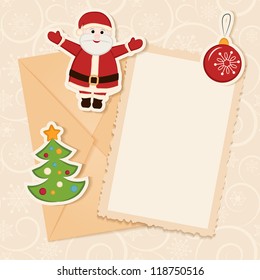 Congratulation gold retro background with Santa claus, Christmas tree, ball and letter. You can use frame for your text or photo