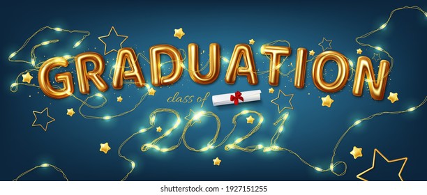 Congratulation graduates 2021class of graduations. Vector illustration of the word graduation class 2021 in gold letters and numbers from a light garland. Graduation cap made of luminous garland. 