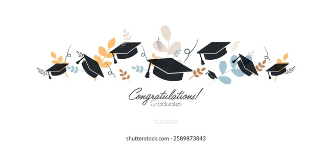 Congratulation graduates! banner. Graduation hats with floral elements.