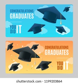 Congratulation Graduates Banner Horizontal Set with Realistic Detailed 3d Elements Include of Cap or Hat. Vector illustration of Banners