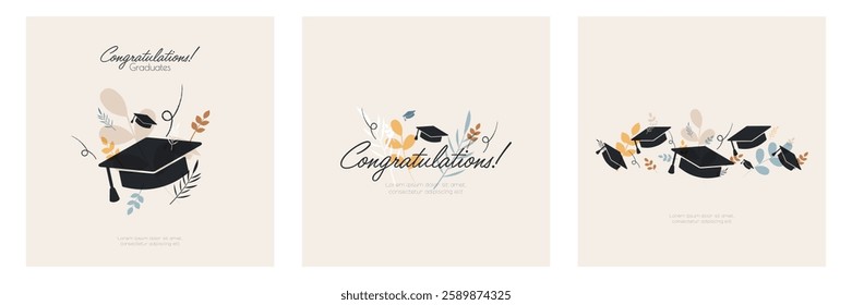 Congratulation graduates card set. Graduation hats with floral elements.