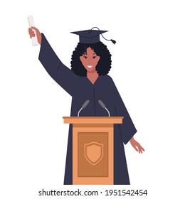 Congratulation Graduates Concept Flat Vector Illustration. Black Female Student Standing On A Podium With Diploma. Happy Student Graduation Speech Design. Grad Ceremony Concept On White Background