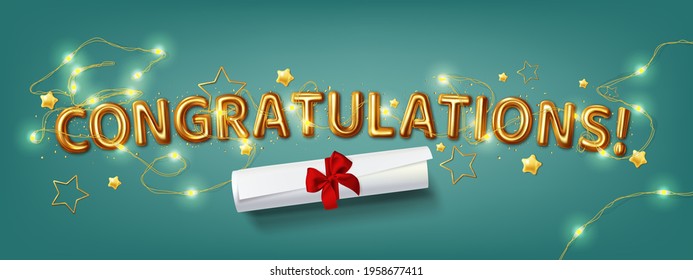 Congratulation graduates. Illustration of the word Congratulations in gold letters with a diploma lying next to, graduation hat made of light garland. Design of greeting, invitation card or banner
