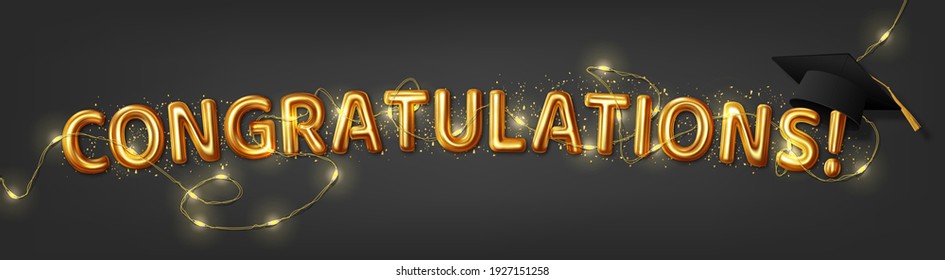 Congratulation graduates. Vector illustration of the word congratulations in gold letters with graduation cap and LED gerland. Design of greeting, invitation card or banner
