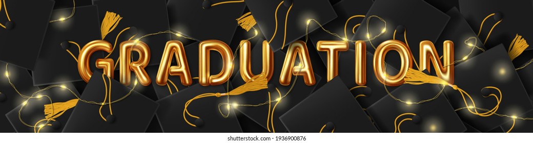 Congratulation graduates. Vector illustration of the word Graduation in gold letters on the background of graduation caps and led garland. Design of greeting, invitation card or banner