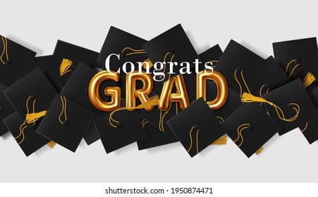 Congratulation graduates. Vector lettering illustration Congrats Grad in gold letters on the background of graduation caps. Design of greeting, invitation card or banner