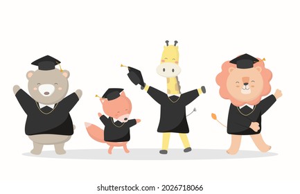 Congratulation for graduation day. 4 animal students bear, fox, giraffe, lion, wearing graduation gowns and hats on graduation day They received a certificate and therefore rejoiced and celebrated. 