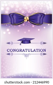 Congratulation - Graduation greeting card. Printable graduation card with blue ribbon (bow), text decoration and a graduation Cap. CMYK colors; standard card for print: A7