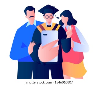 Congratulation Graduation Groupie Selfie Family Photo Flat Design Vector Illustration 