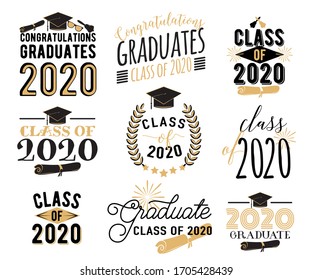 Gratulation Graduation wünscht Overlays, Beschriftungen Design Set. Retro-Graduiertenklasse von 2020 Badges. Handgezeichnetes Emblem mit Sonnenbrand, Hut, Diplom, Glocke. Einzeln auf weißem Hintergrund.