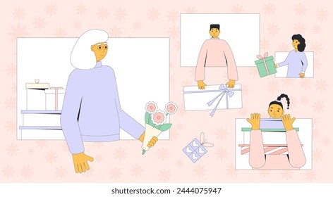 Felicitaciones abuela. Nieto y nietas dando regalos a su abuela. Tarjeta de felicitación del día de la madre. Personas con ramo de flores y regalos. Celebración navideña feliz de primavera. Vector