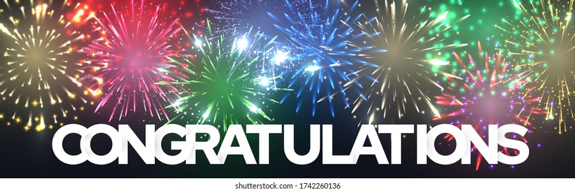 Congratulation greeting banner with firework, lettering congratulations. Good wishes on a special occasion, festive decor. Vector flat style cartoon illustration