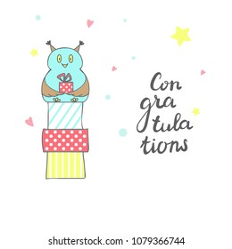 Congratulation greeting card with owl. Hand drawn lettering. Vector illustration.