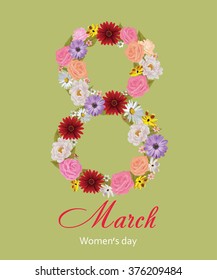 Congratulation or greeting card for women's day. Happy women's day. The international women's day. 8 March. Greeting background with flowers. Vector, EPS 10