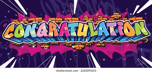 Congratulation greeting design in graffiti art style. Street art urban theme. Colorful design illustration for wall art, background, poster and invitation.