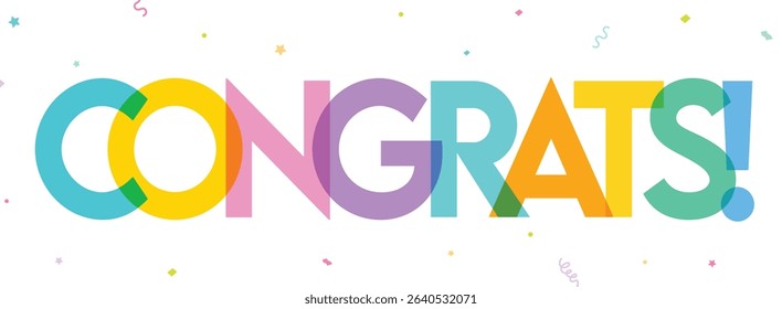 Congratulation greeting text colorful clipart banner. Congrats typography and calligraphy multicolored clip art with colorful confetti in white background vector illustration. 
