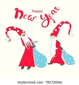 Congratulation hand draw card lettering Happy New Year cute fairy gnomes on light background stock vector illustration

