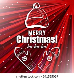 Congratulation with hand drawn hat and mittens with pompoms on the red rays. Vector illustration.