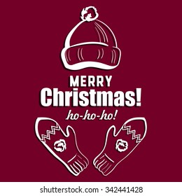 Congratulation with hand drawn hat and mittens with pompoms. Vector illustration.