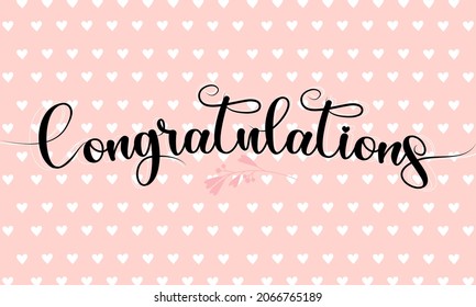 Congratulation. Hand lettering with curls Congratulations. The inscription on a pink background with hearts. Background with congratulations and white hearts in vector.