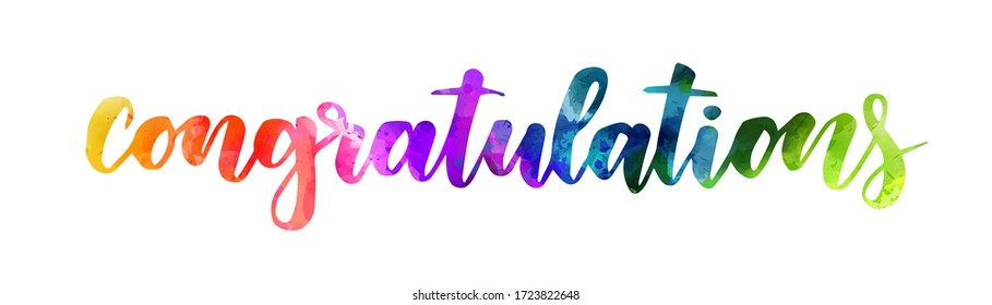 Congratulation - handwritten modern watercolor calligraphy inspirational text. Rainbow colored.