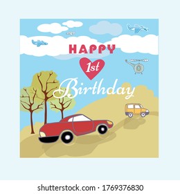 Congratulation Happy Birthday card with red and yellow car
