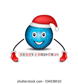 Congratulation happy holidays. Planet Earth wearing warm clothes with a Christmas greetings isolated on a white background. 