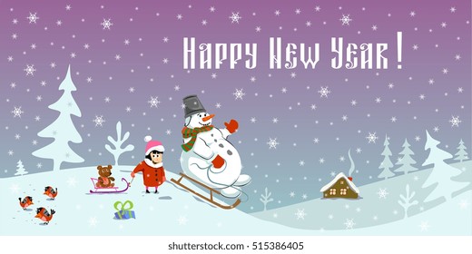 congratulation happy new year banner, snowman and little girl play fun holiday snowflake, winter snow holiday 