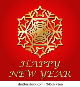 Congratulation Happy New Year. Gold snowflake. Postcard. Vector Image. 