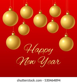Congratulation Happy New Year. Gold Christmas ball on red background. Christmas tree bauble decoration. Vector Illustration.