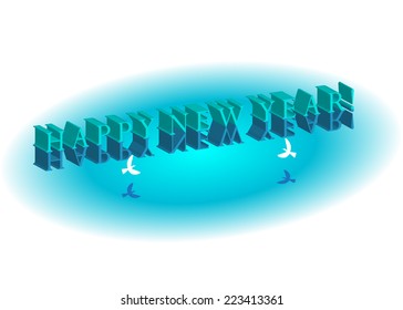 Congratulation happy New Year, landscape, lake and couple of white birds