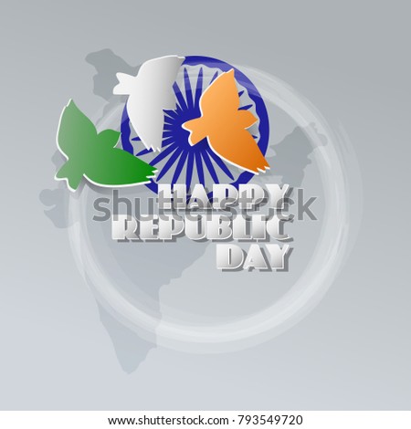 Congratulation Happy Republic Day. Indian holiday. Green, white and orange birds on grey background. Vector illustration for prints or cards for the holiday.