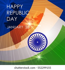 Congratulation Happy Republic Day with map and flag on blue  background. Vector illustration for prints or cards for the holiday.