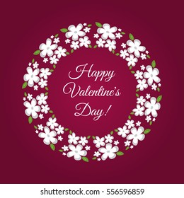 Congratulation Happy Valentine's Day! in a flower frame. White-gray flowers with green leaves. Purple background. Square card.