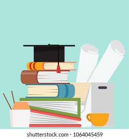 congratulation hat and book vector. free space for text. wallpaper. background.