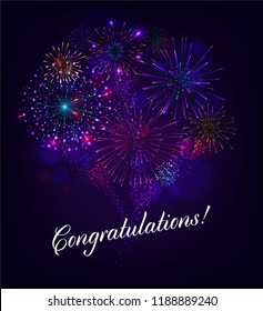 Congratulation illustration with Fireworks Blue Background. Vector Holiday Design for Premium Greeting Card, Party Invitation.