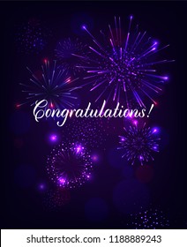 Congratulation illustration with Fireworks Blue Background. Vector Holiday Design for Premium Greeting Card, Party Invitation.