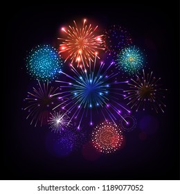 Congratulation illustration with Fireworks Blue Background. Vector Holiday Design for Premium Greeting Card, Party Invitation.