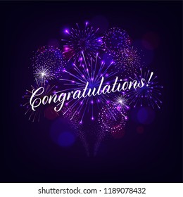 Congratulation illustration with Fireworks Blue Background. Vector Holiday Design for Premium Greeting Card, Party Invitation.