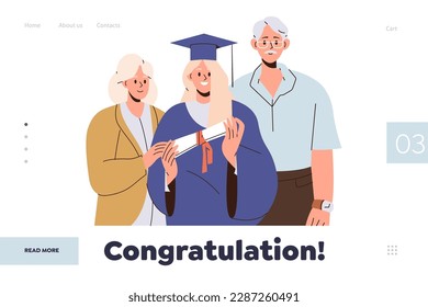 Congratulation landing page design template with happy student and family standing together
