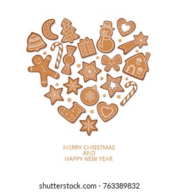 Congratulation Merry Christmas. Gingerbread cookies isolated on white background. Holiday decoration. Vector illustration.