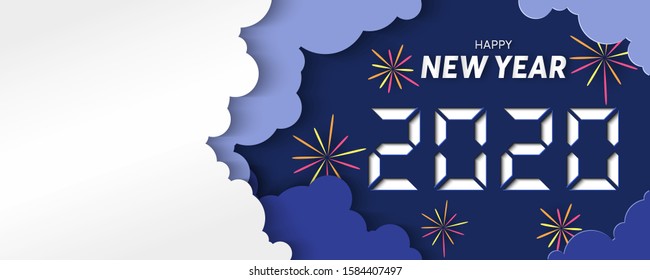 congratulation new year 2020 with paper cut style. text is surrounded by clouds and 2020 numbers using a digital font calculator