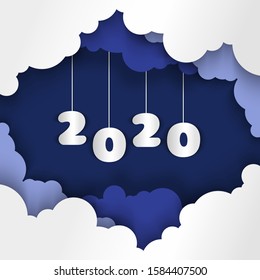 congratulation new year 2020 with paper cut style. text surrounded by clouds