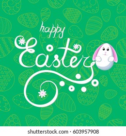 congratulation on Easter. Pattern on a green background of eggs. The hare is in the form of eggs.  inscription - happy easter