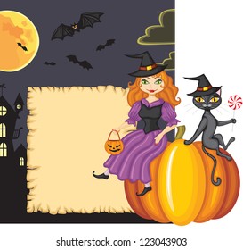Congratulation on Halloween with a witch and a cat sitting on a pumpkin on the background night scenery with vampires