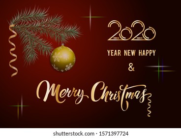 Congratulation on New Year 2020 and Merry Christmas in gold letters on a festive dark background.