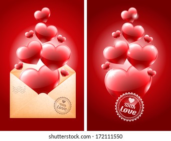 Congratulation on Valentine's Day with open envelope and beautiful hearts