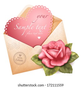 Congratulation on Valentine's Day in open envelope and beautiful flowers