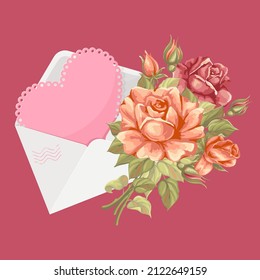 Congratulation on Valentine's Day, valentine or romantic love letter. Card in heart shape with space for text, in open envelope and decorated with bouquet of rose flowers. Vector illustration.