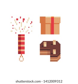 Congratulation pixel art icons set.  cake, fireworks and gift. Isolated vector illustration. Design for logo, sticker and mobile app.